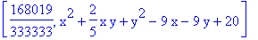 [168019/333333, x^2+2/5*x*y+y^2-9*x-9*y+20]